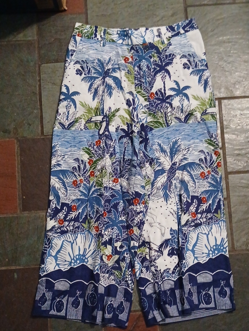 Joie Trpical Print Tiger Parrot Palm Trees Floral Blue White